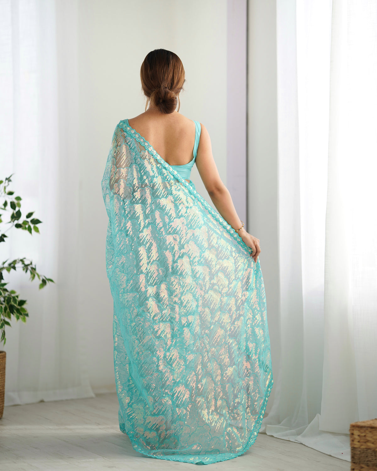 Urban Pallu Embroidered Net Festive Saree