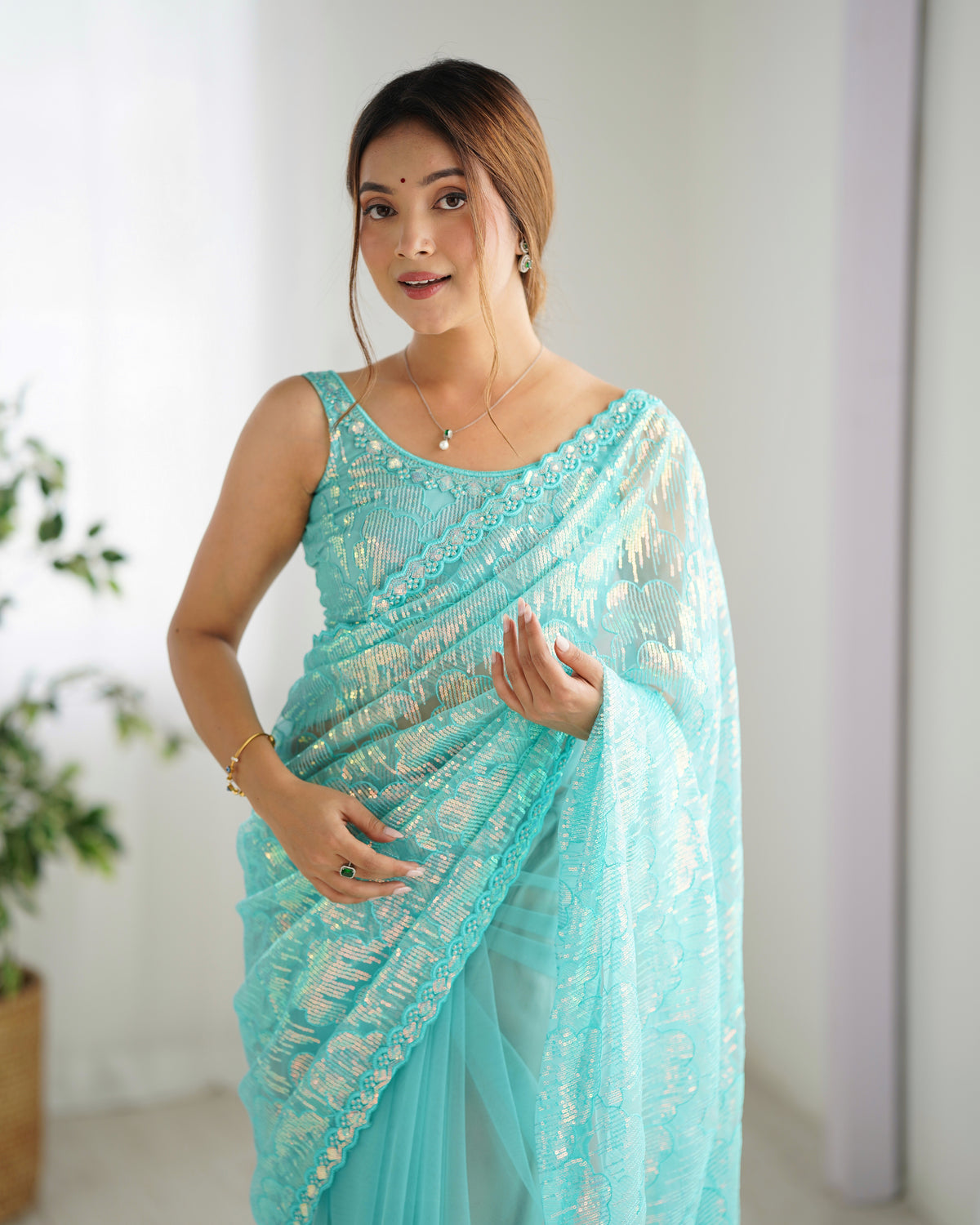 Urban Pallu Embroidered Net Festive Saree