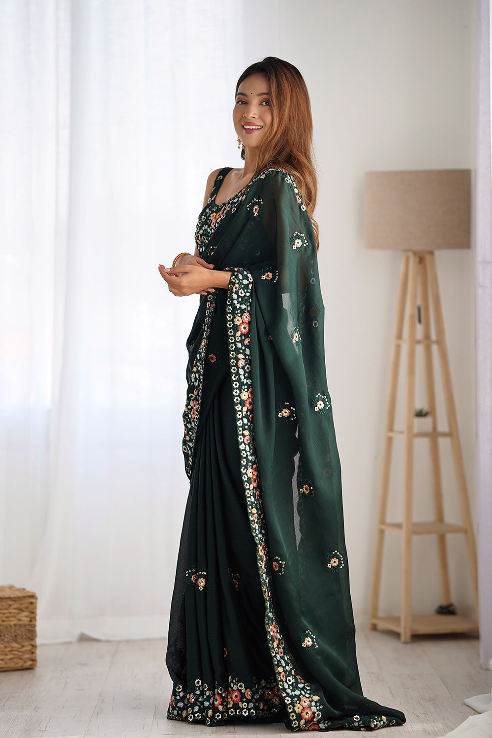 Urban Pallu Solid Poly Chiffon Festive Saree
