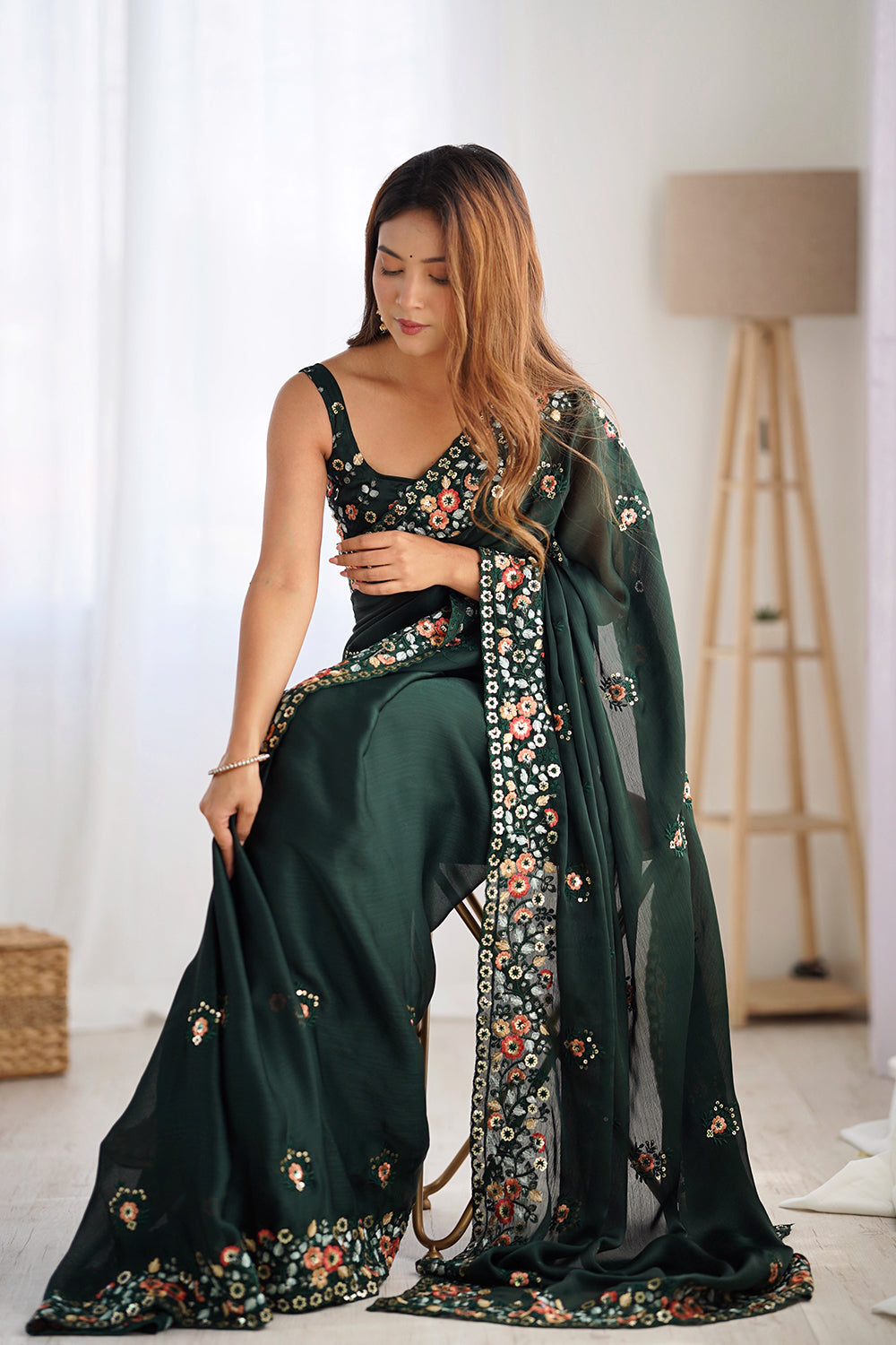 Urban Pallu Solid Poly Chiffon Festive Saree