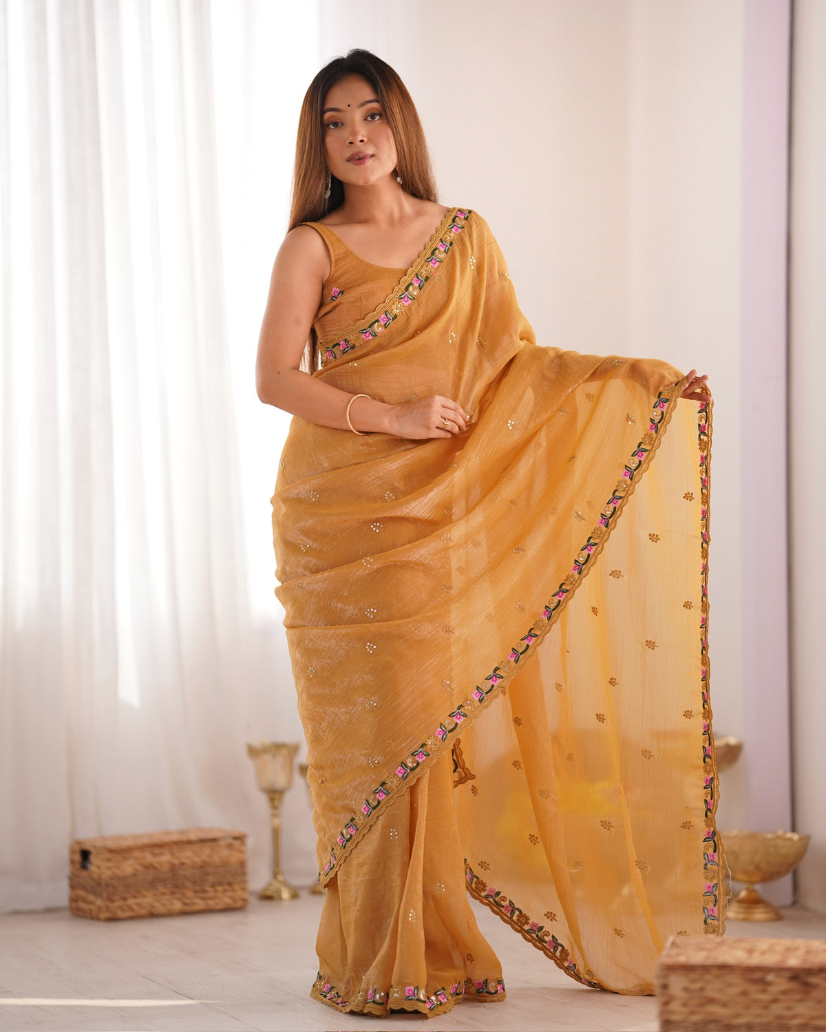 Urban Pallu Solid Organza Festive Saree