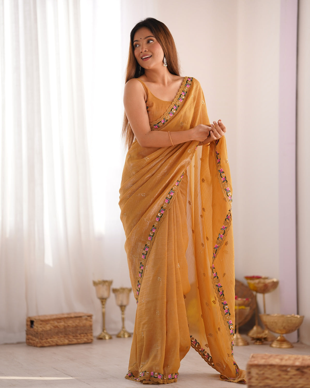 Urban Pallu Solid Organza Festive Saree