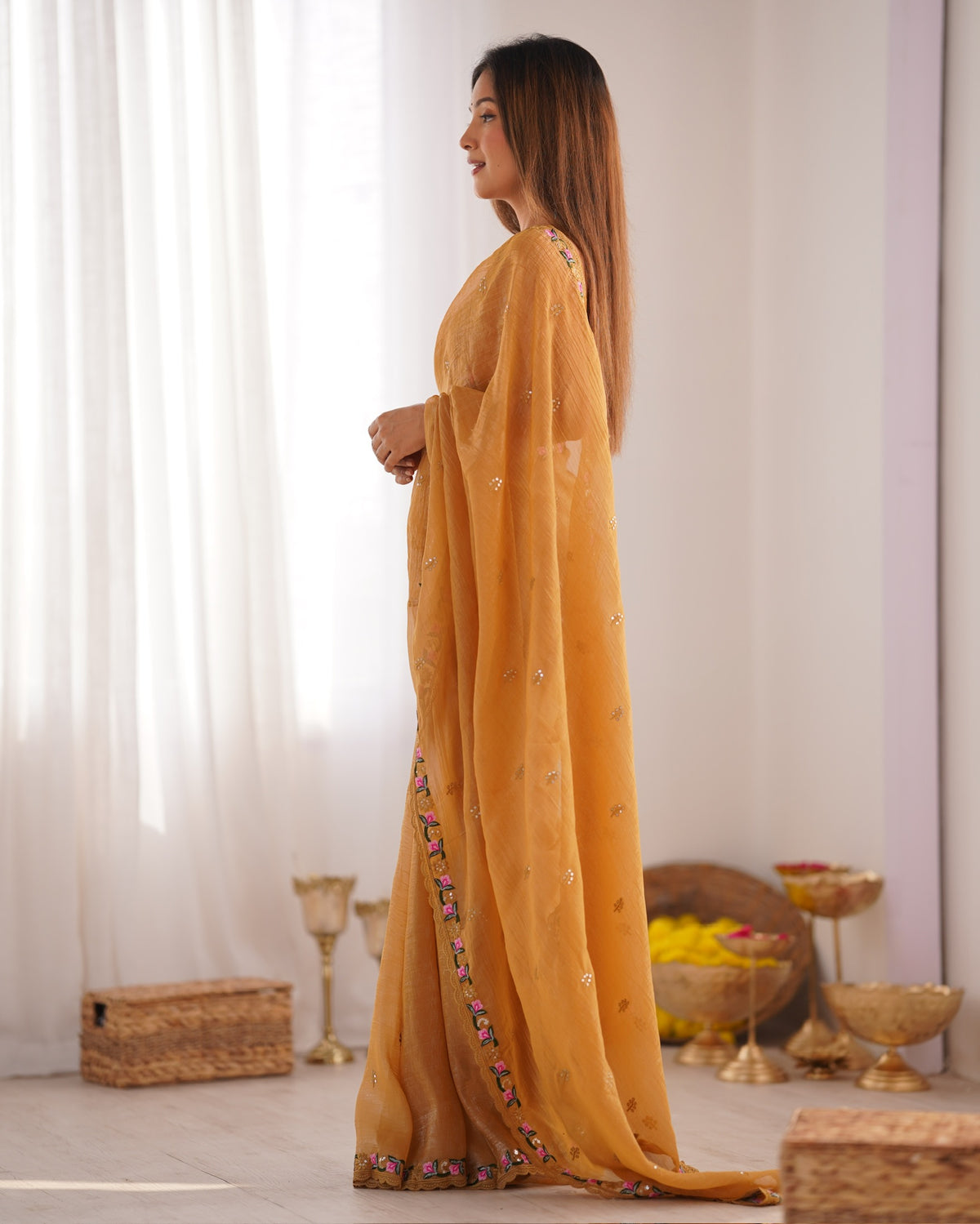 Urban Pallu Solid Organza Festive Saree