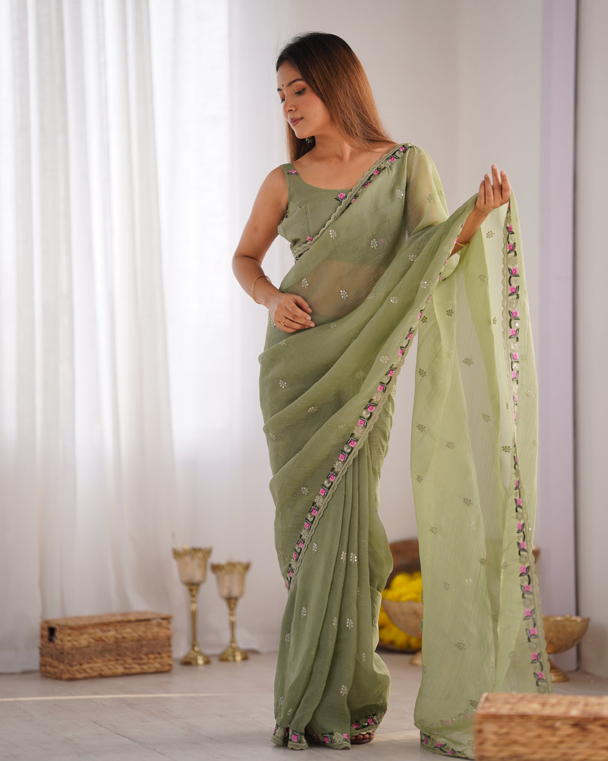 Urban Pallu Solid Organza Festive Saree