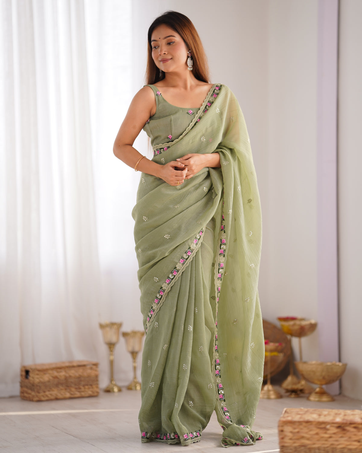 Urban Pallu Solid Organza Festive Saree