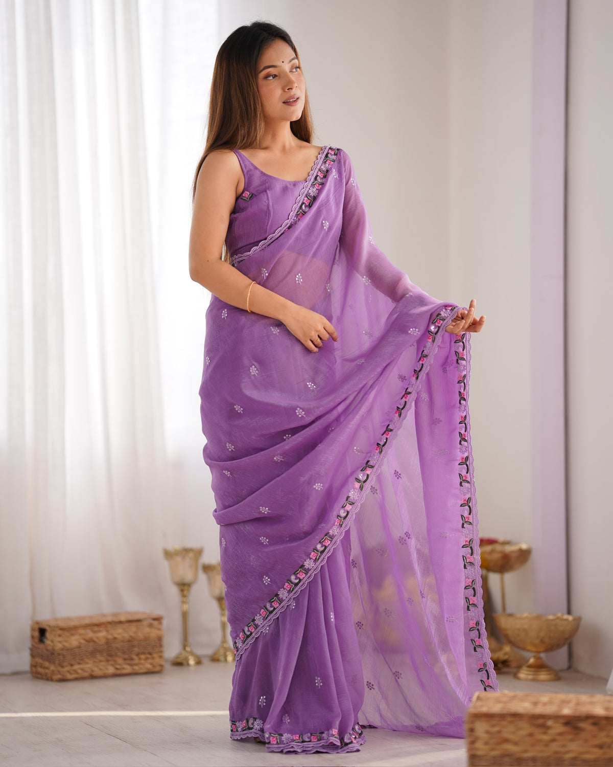 Urban Pallu Solid Organza Festive Saree