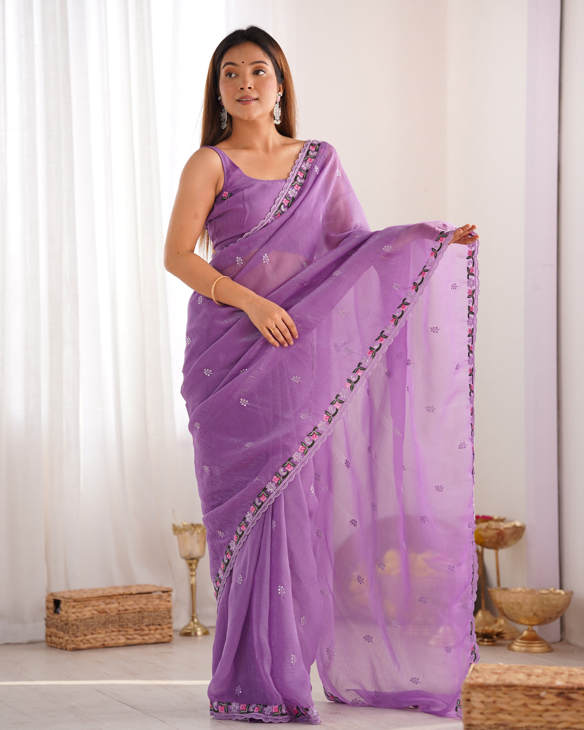 Urban Pallu Solid Organza Festive Saree