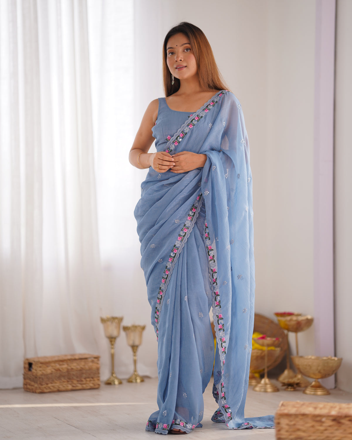 Urban Pallu Solid Organza Festive Saree