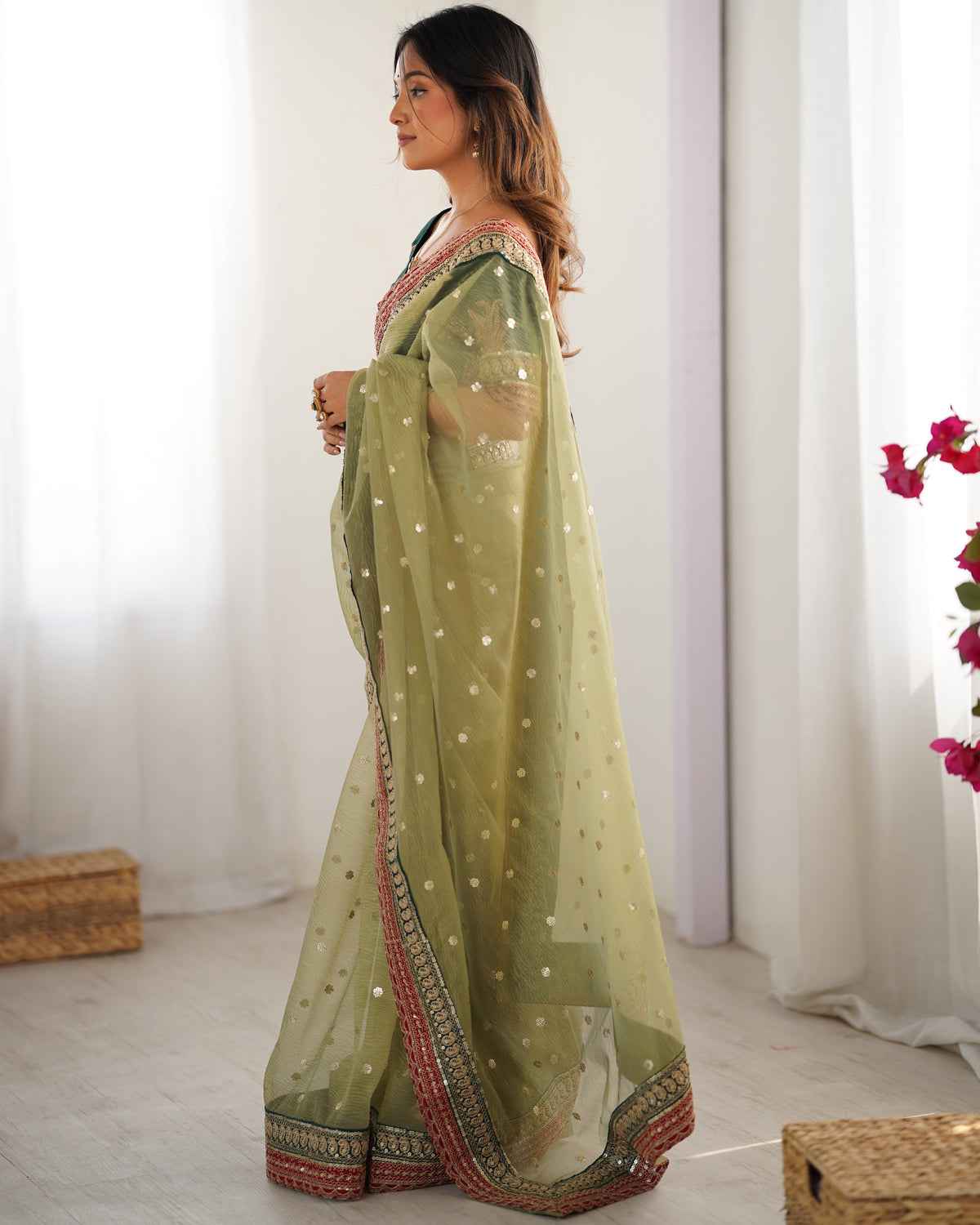 Urban Pallu Solid Organza Festive Saree