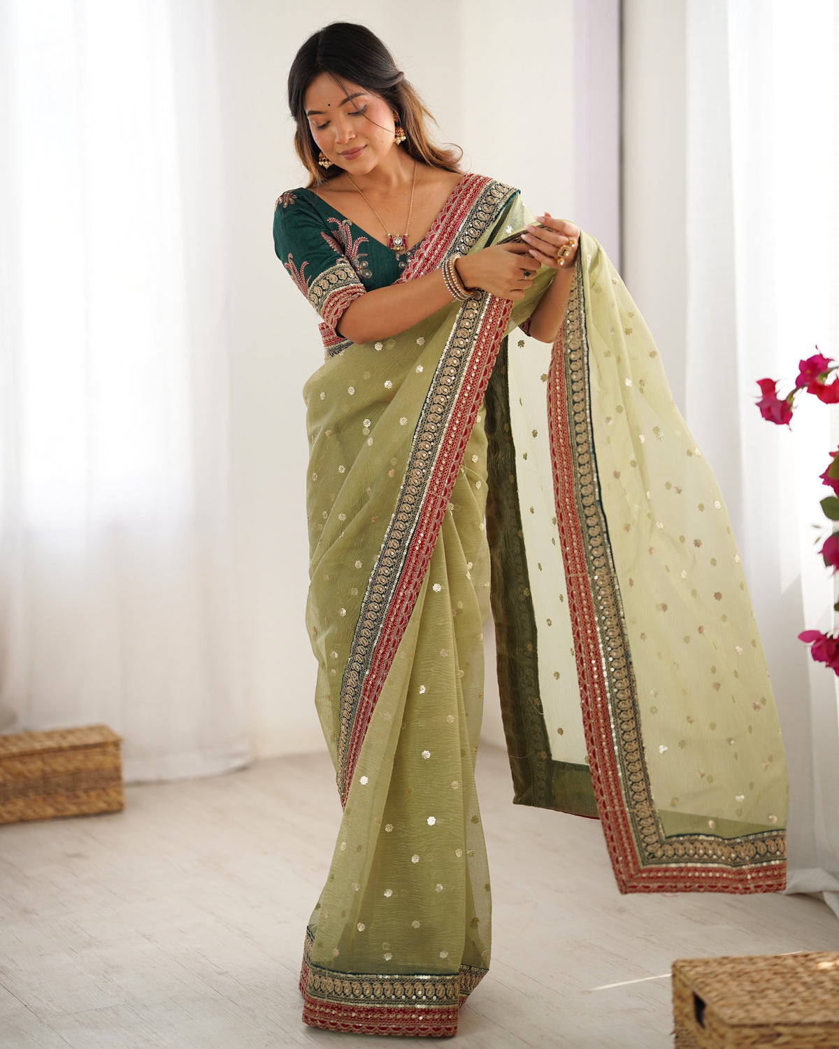Urban Pallu Solid Organza Festive Saree