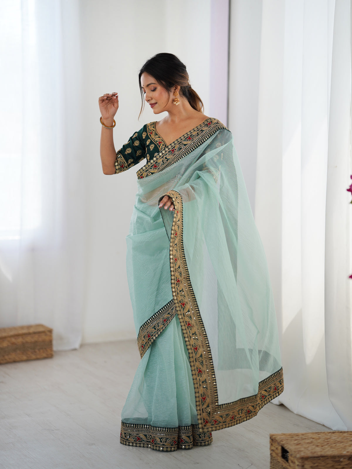 Urban Pallu Solid Organza Festive Saree
