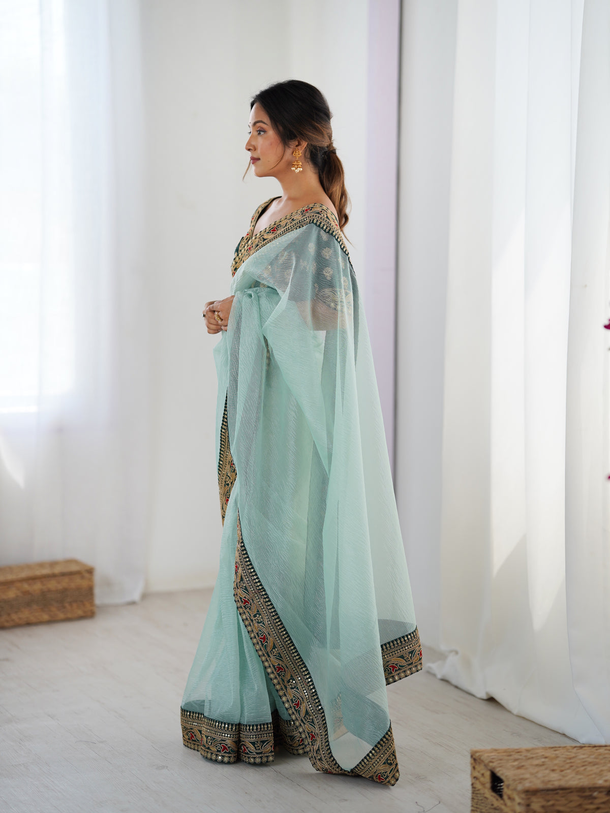 Urban Pallu Solid Organza Festive Saree