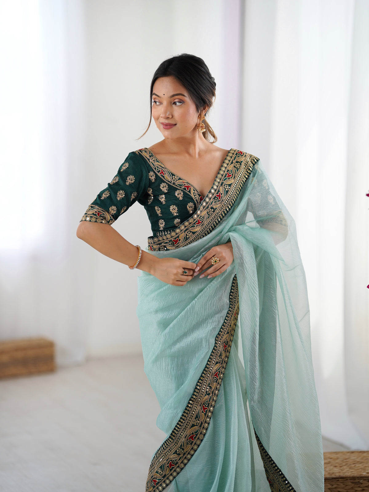Urban Pallu Solid Organza Festive Saree