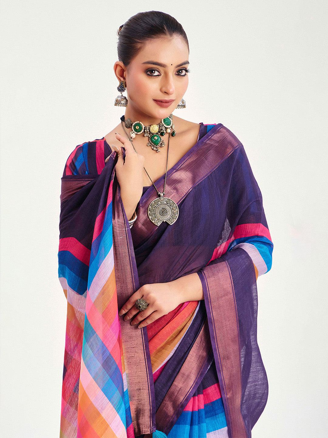Urban Pallu Striped Silk Blend Fusion Saree