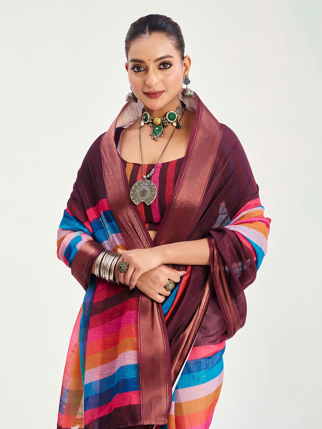 Urban Pallu Striped Silk Blend Fusion Saree