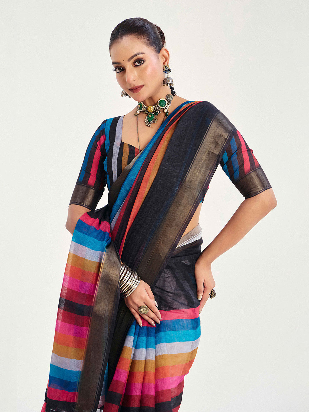 Urban Pallu Striped Silk Blend Fusion Saree