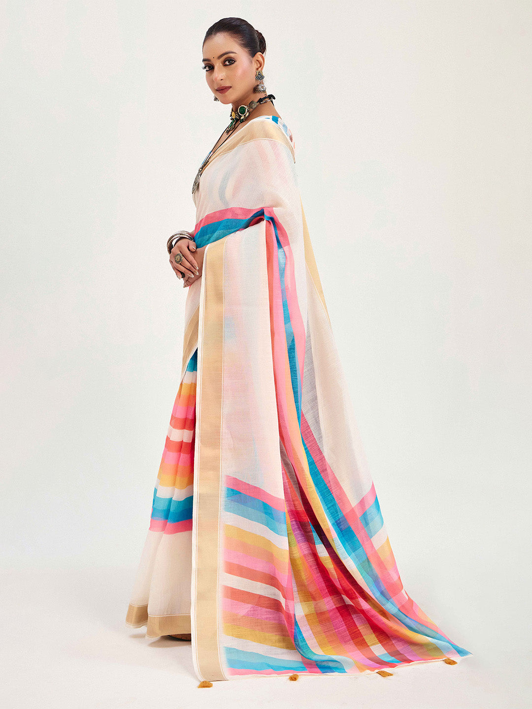 Urban Pallu Striped Silk Blend Fusion Saree