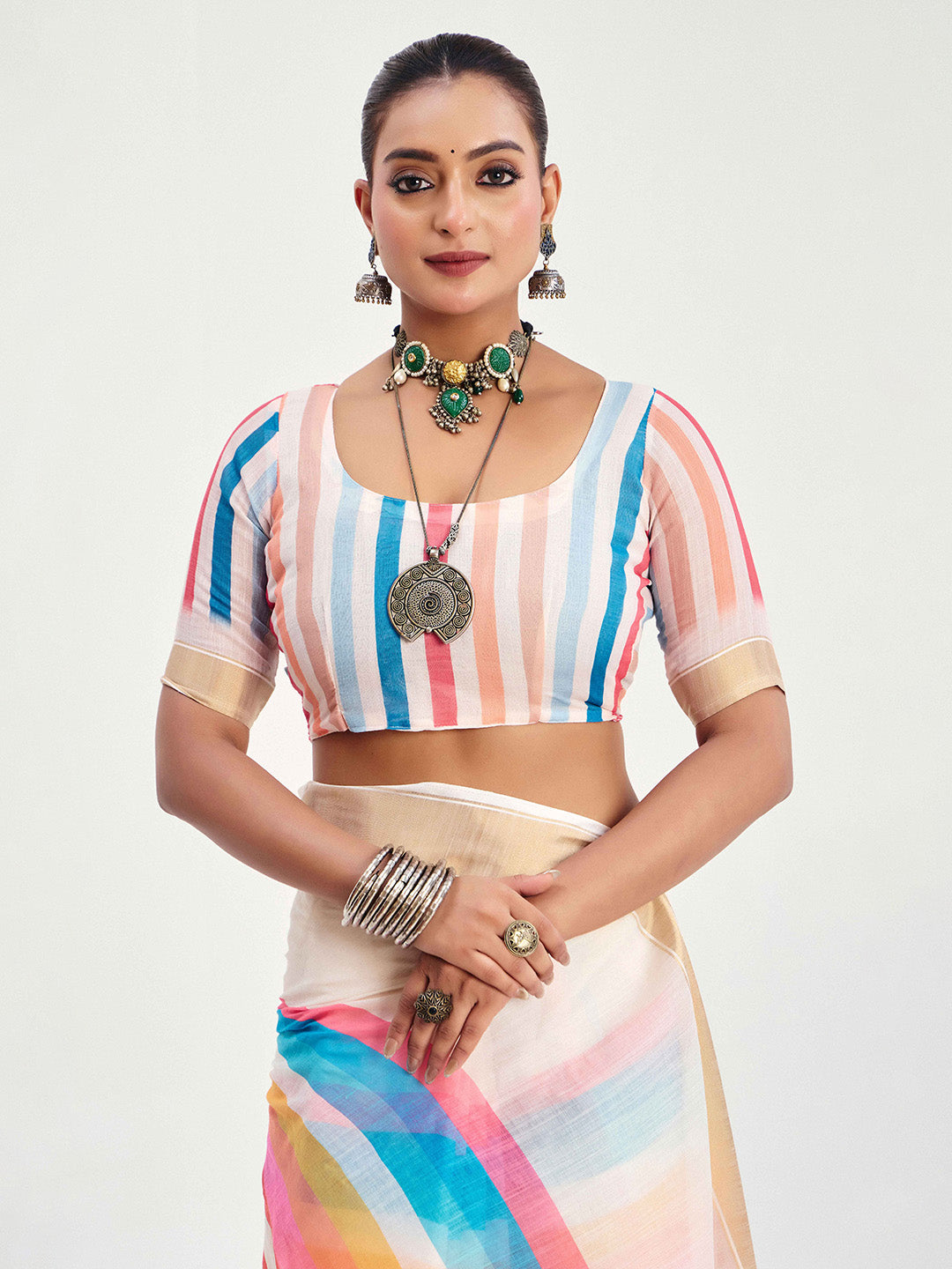 Urban Pallu Striped Silk Blend Fusion Saree