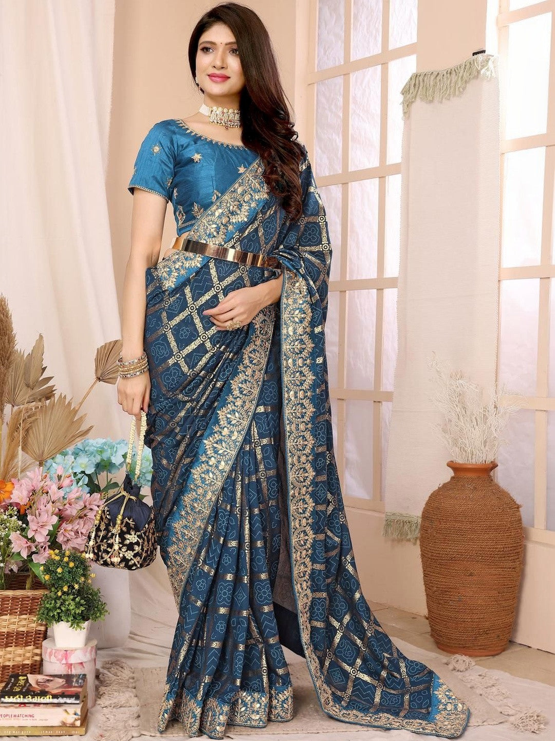 Urban Pallu Floral Sequinned Silk Blend Fusion Saree