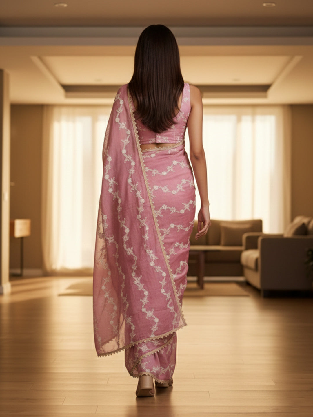 Urban Pallu Floral Sequinned Silk Blend Fusion Saree