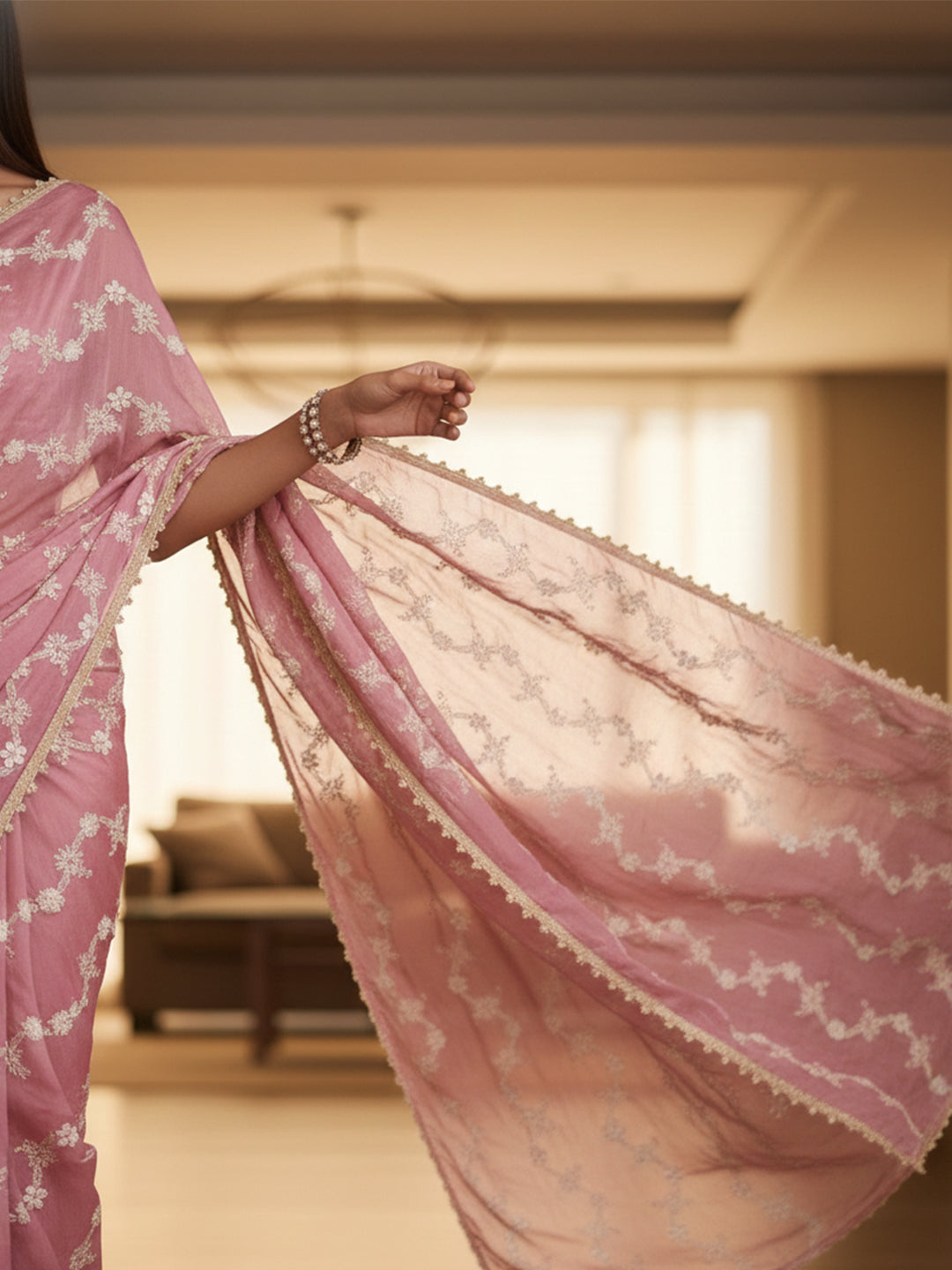Urban Pallu Floral Sequinned Silk Blend Fusion Saree
