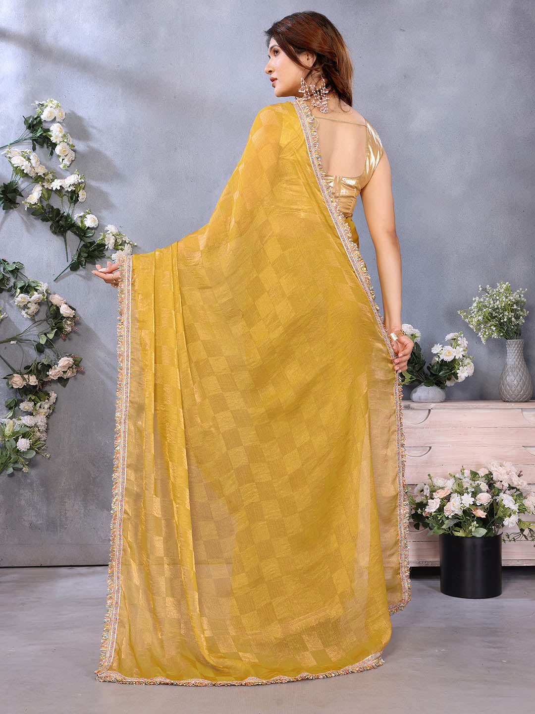 Urban Pallu Floral Sequinned Silk Blend Fusion Saree