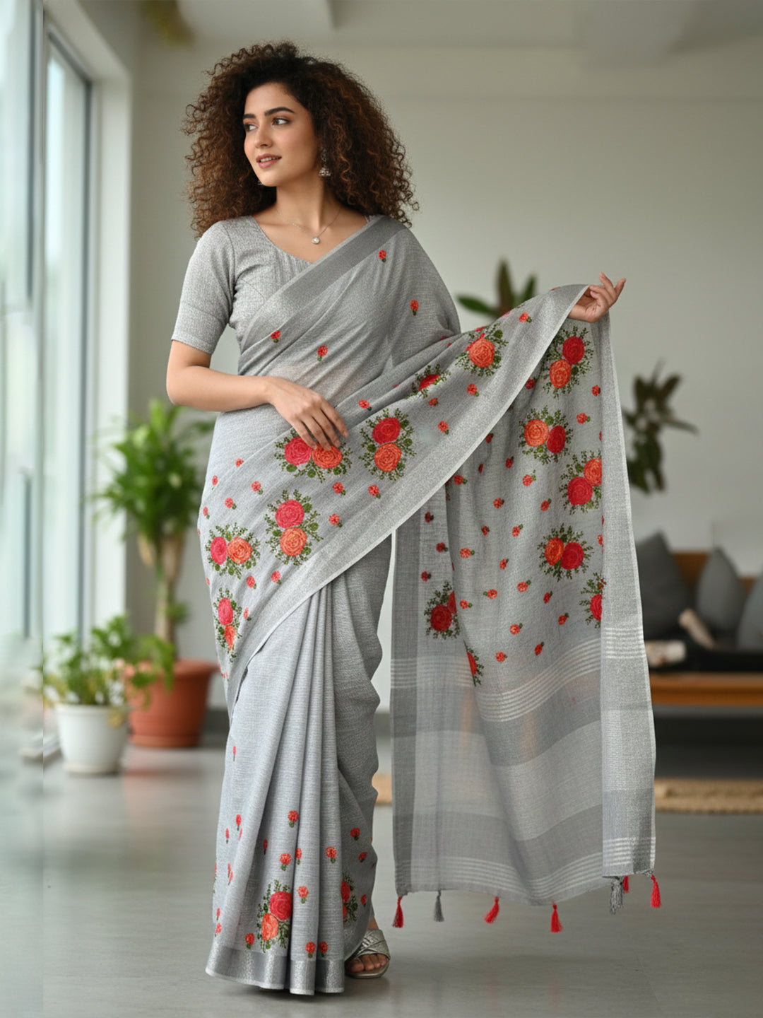 Urban Pallu Floral Sequinned Silk Blend Fusion Saree