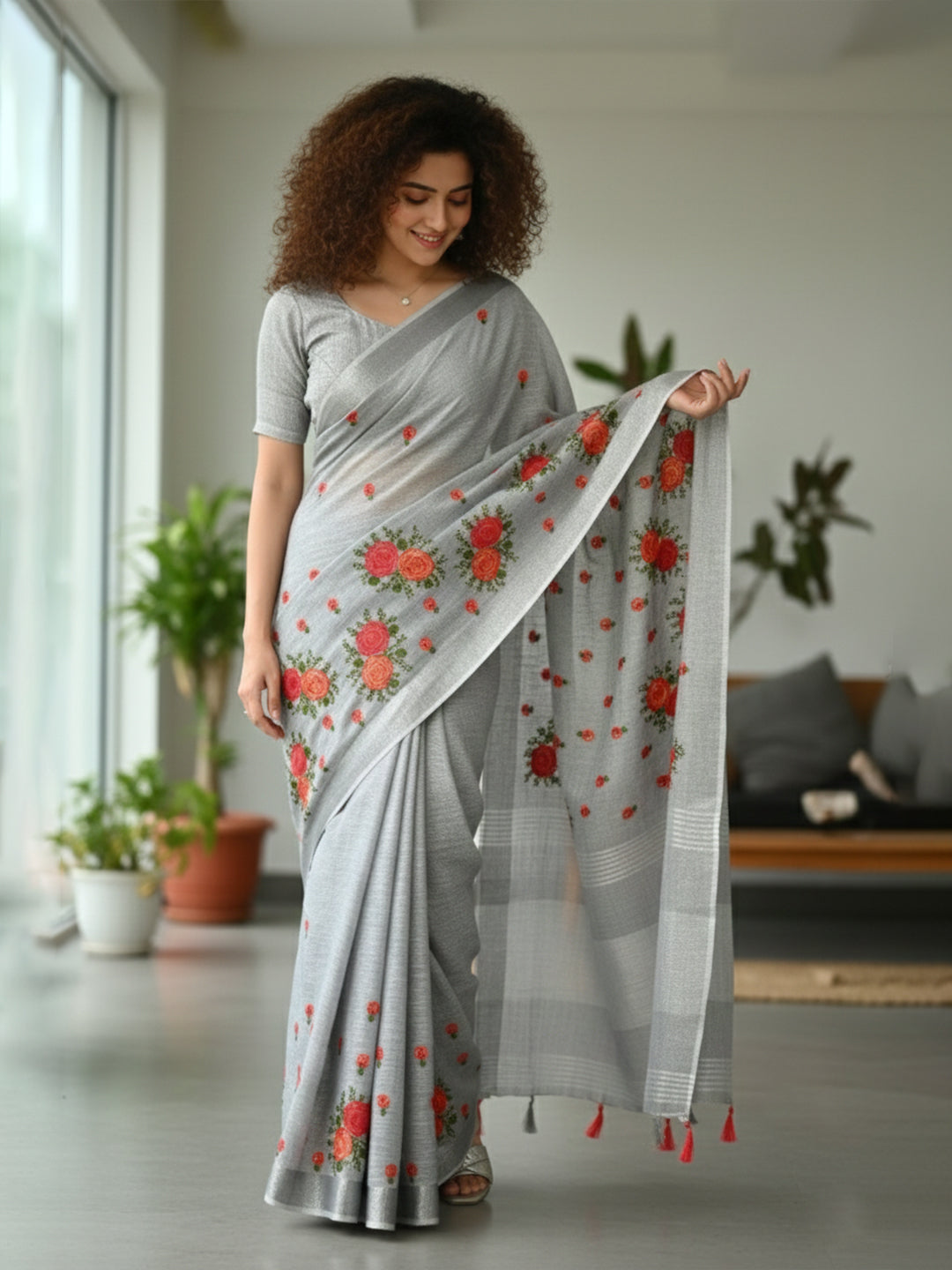 Urban Pallu Floral Sequinned Silk Blend Fusion Saree