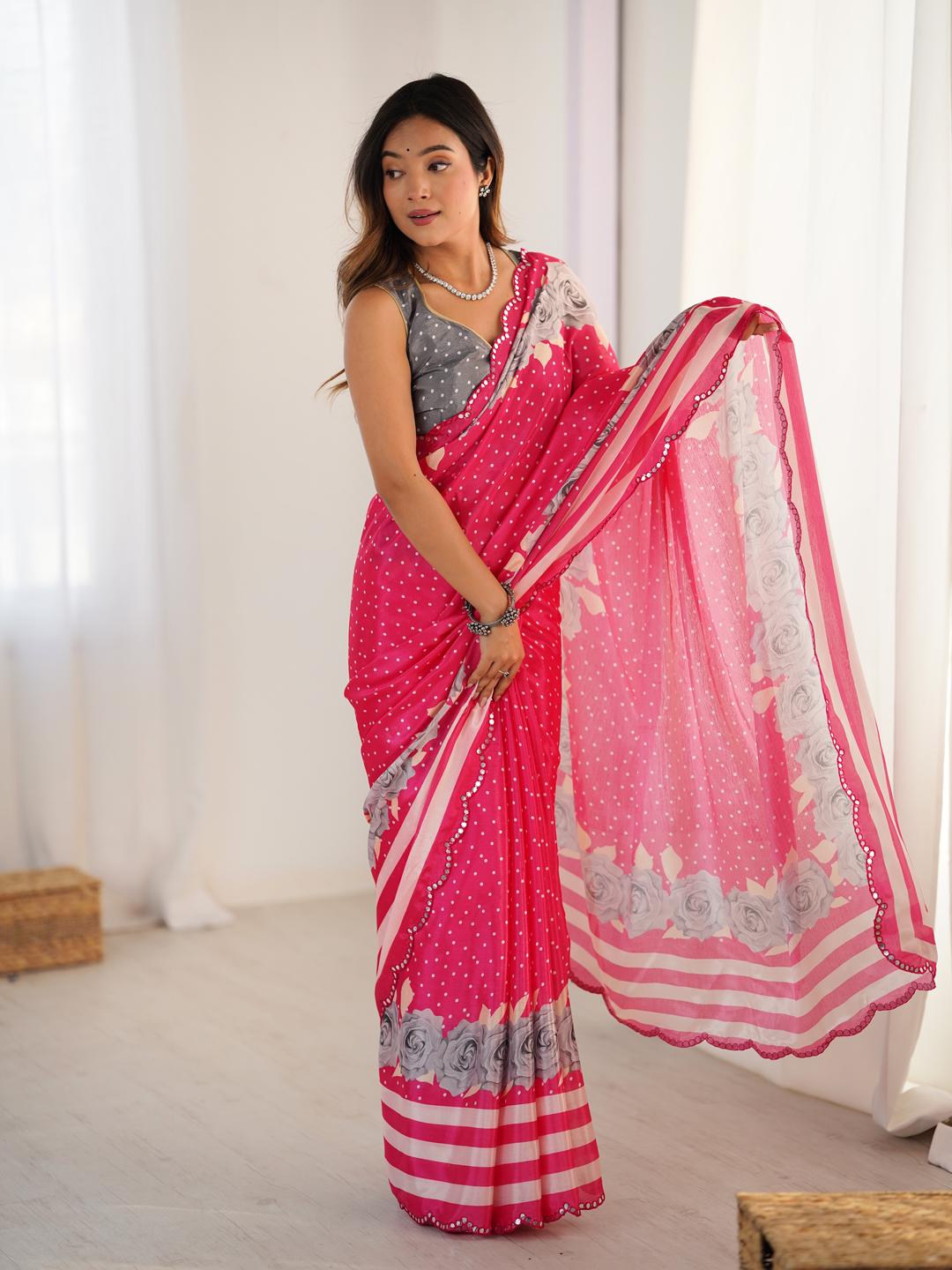 Urban Pallu Floral Mirror Work Silk Blend Saree