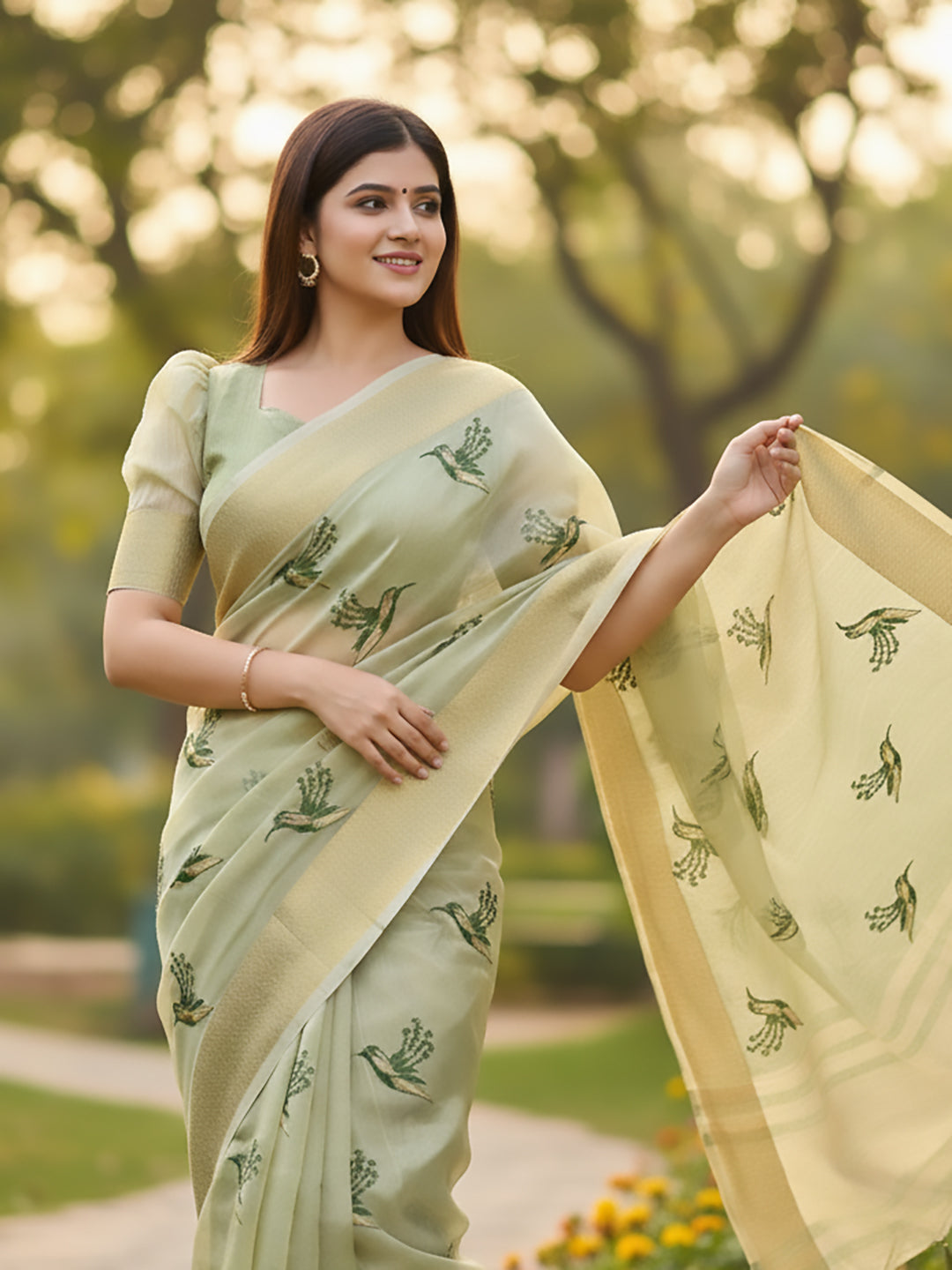 Urban Pallu Floral Sequinned Silk Blend Fusion Saree