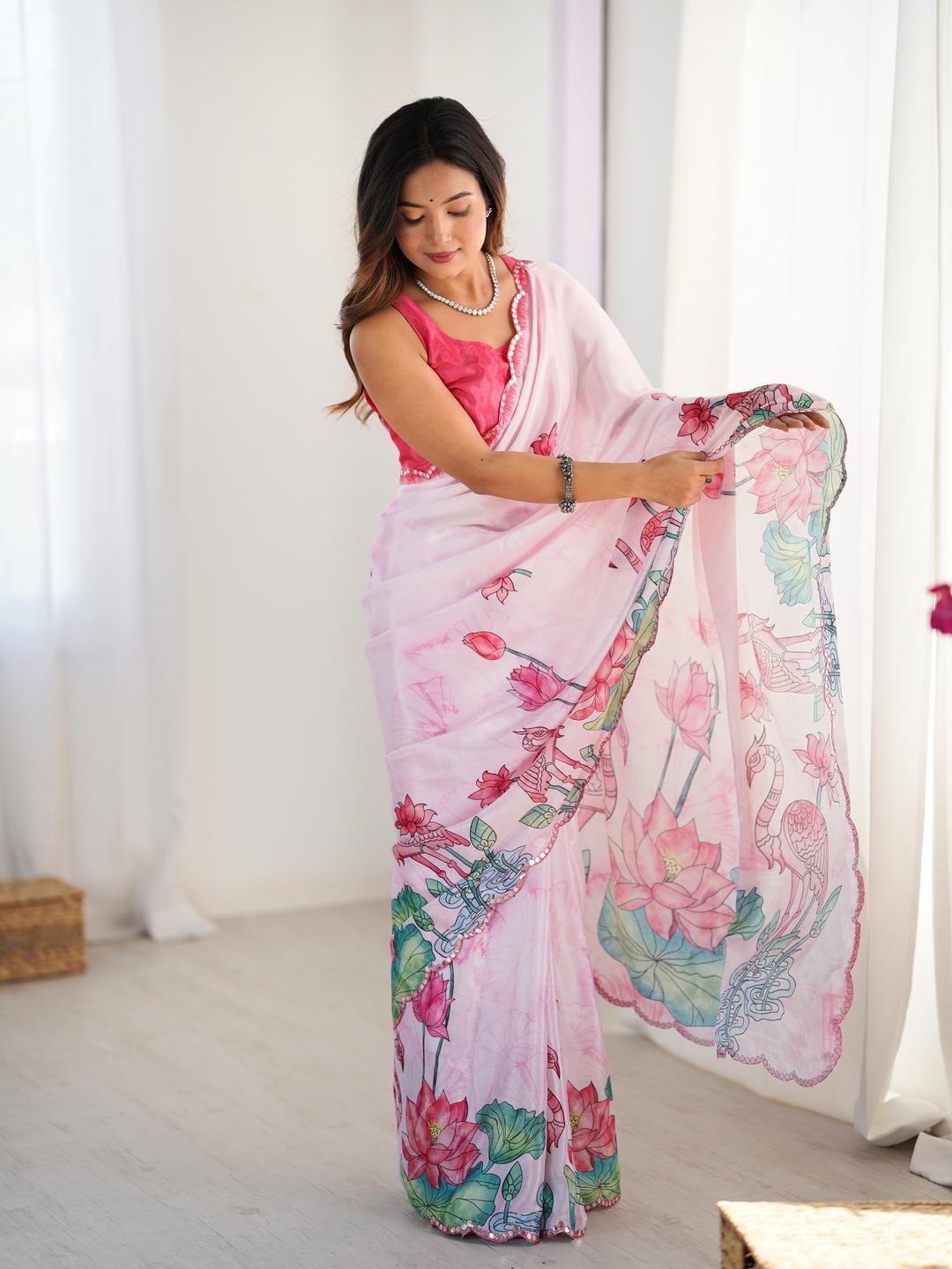 Urban Pallu Floral Sequinned Silk Blend Fusion Saree