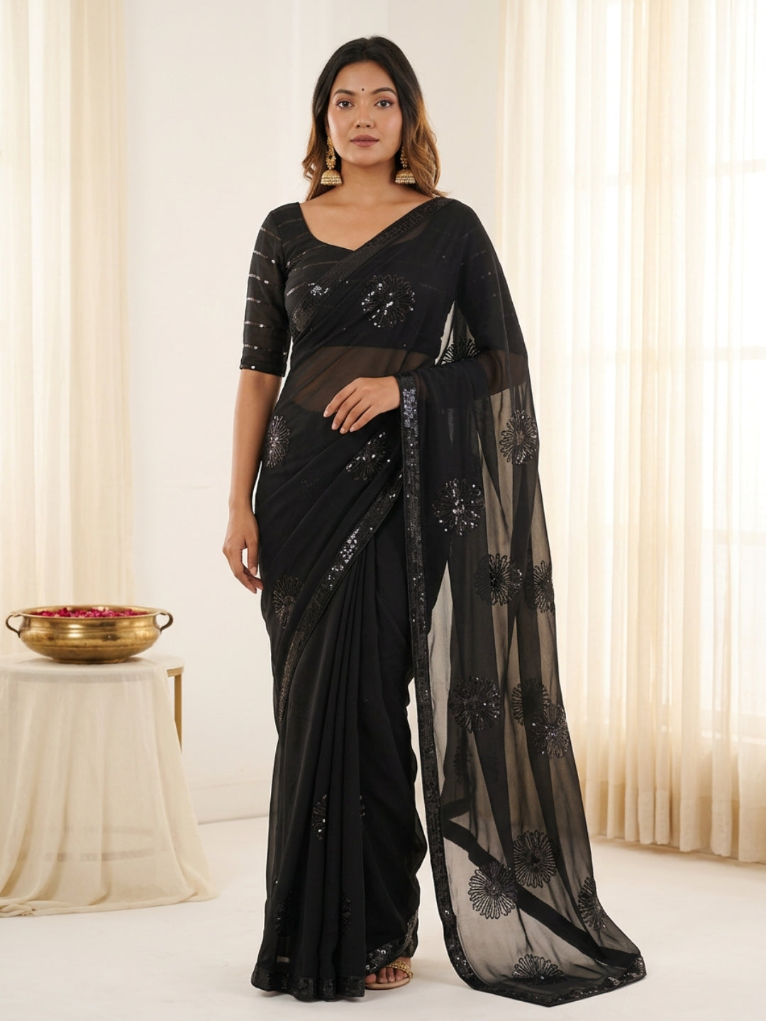Urban Pallu Embroidered Poly Georgette Festive Saree
