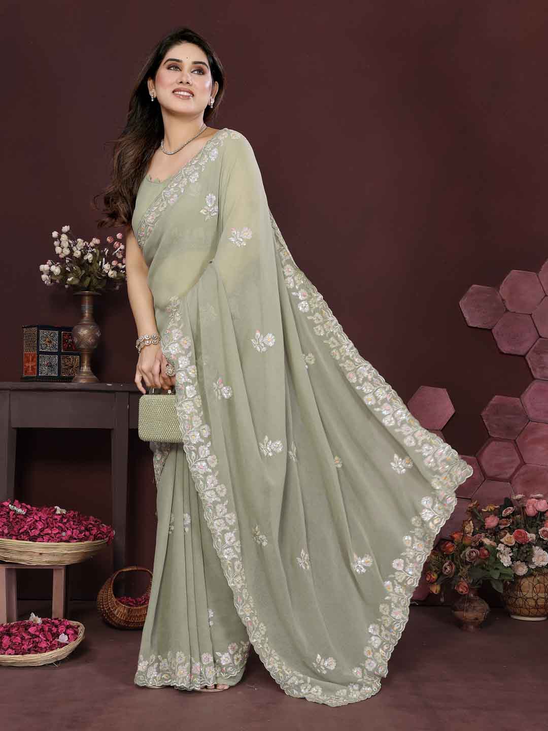 Urban Pallu Embroidered Poly Georgette Daily Saree