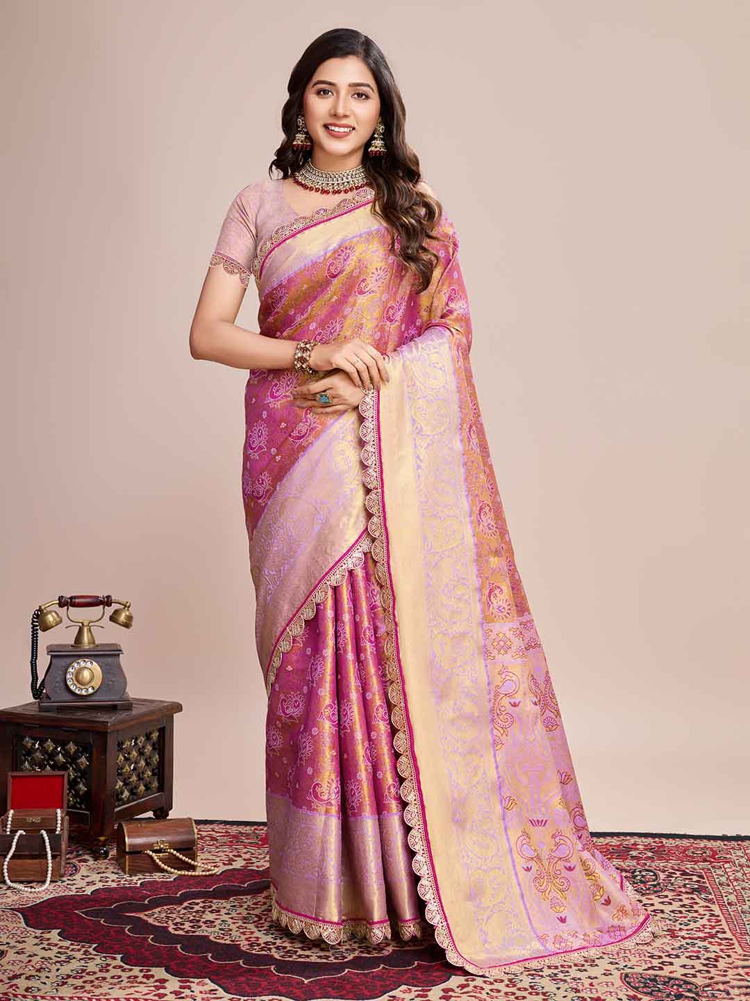 Urban Pallu Floral Sequinned Silk Blend Fusion Saree