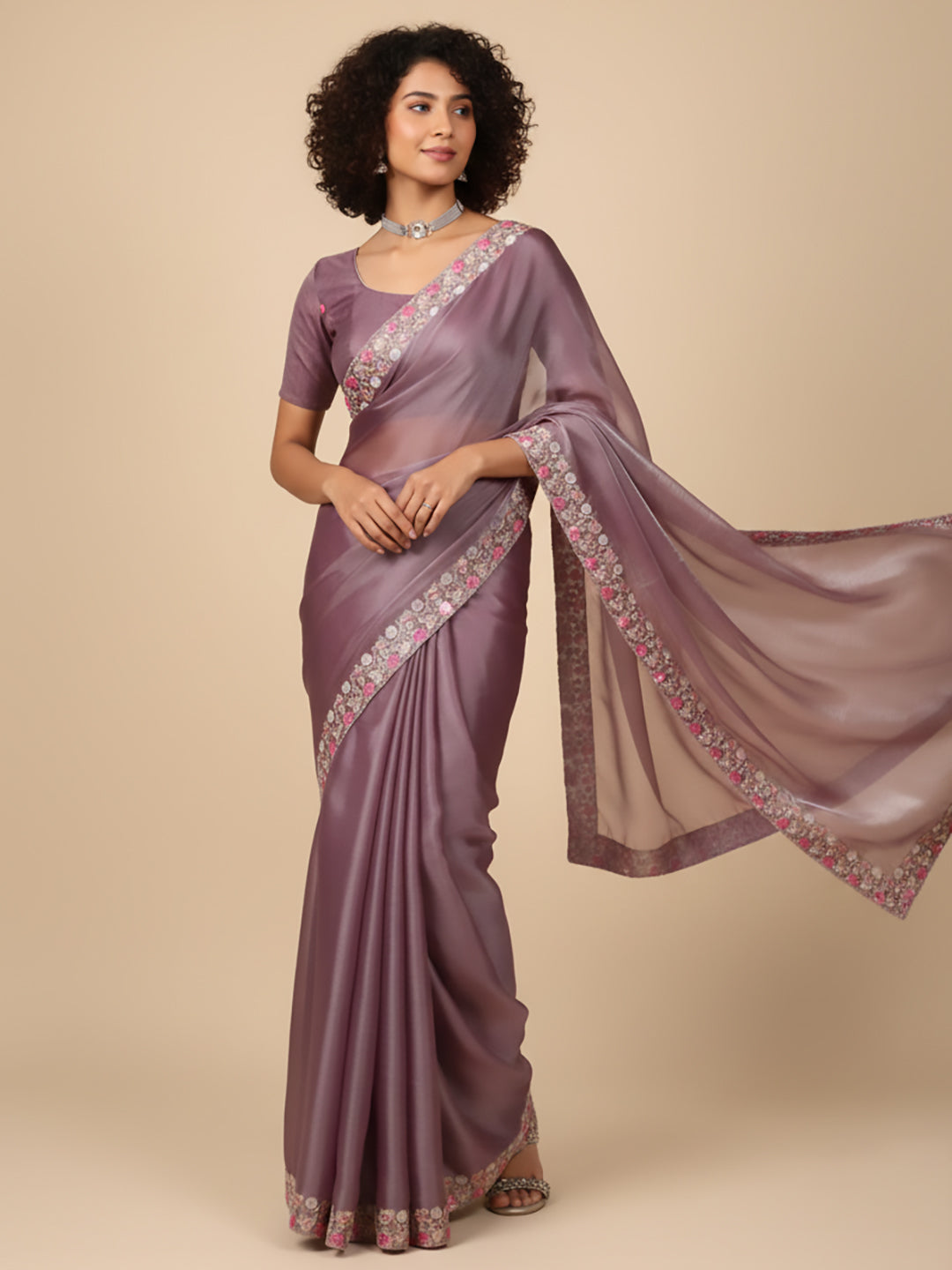 Urban Pallu Floral Sequinned Silk Blend Fusion Saree