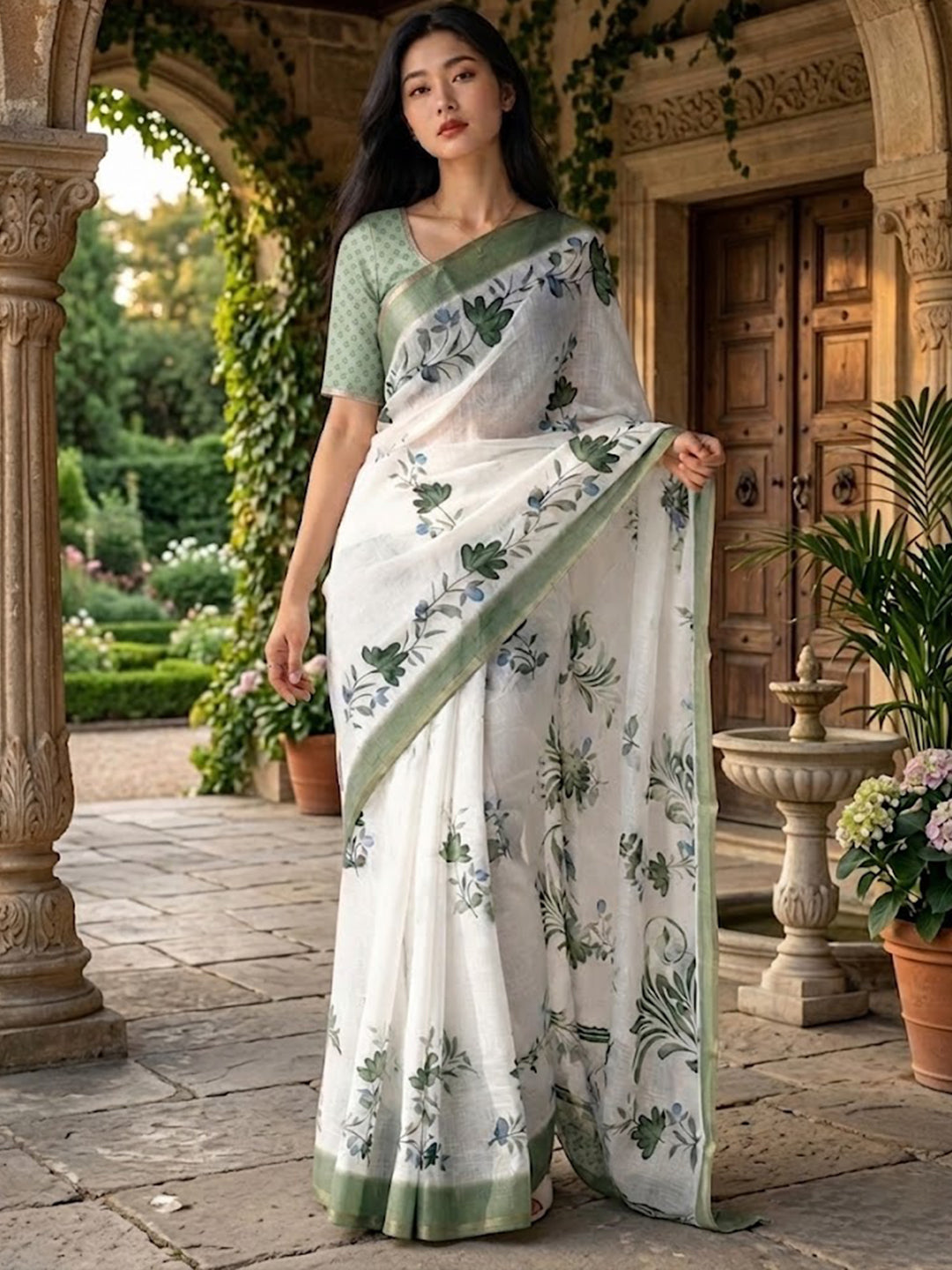 Urban Pallu Printed Cotton Blend Work Saree