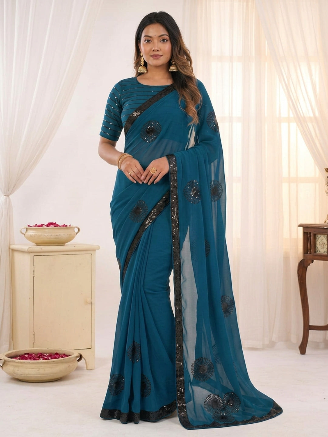 Urban Pallu Embroidered Poly Georgette Festive Saree