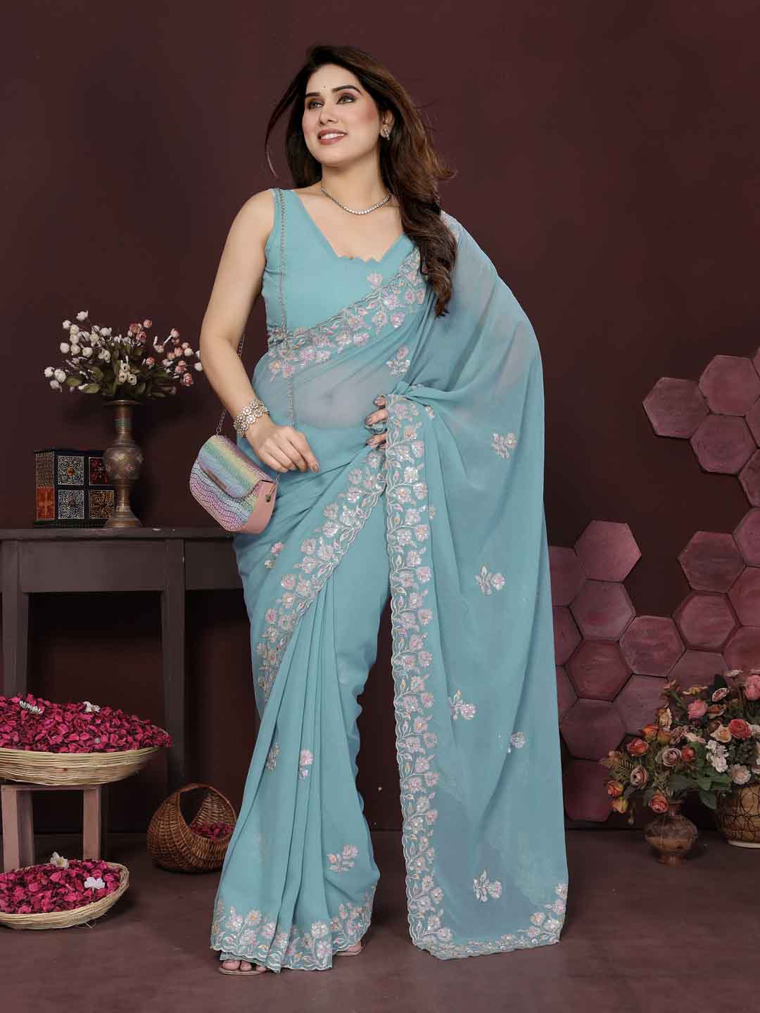 Urban Pallu Embroidered Poly Georgette Daily Saree