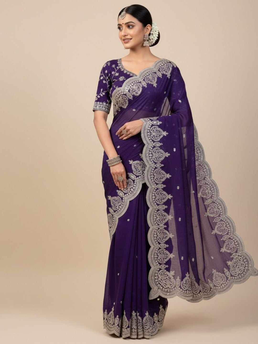 Urban Pallu Embroidered Poly Georgette Festive Saree