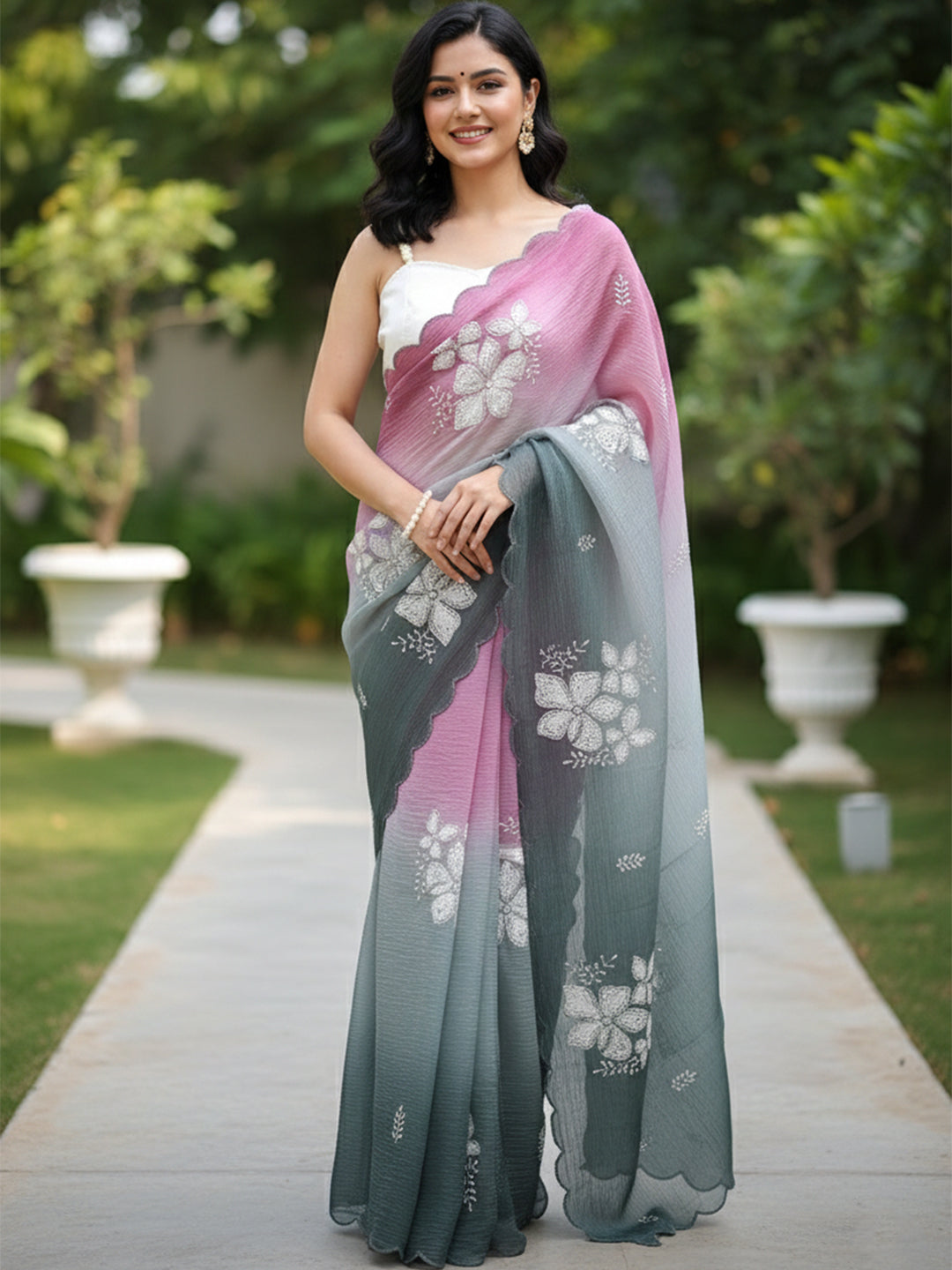 Urban Pallu Embroidered Poly Chiffon Daily Saree