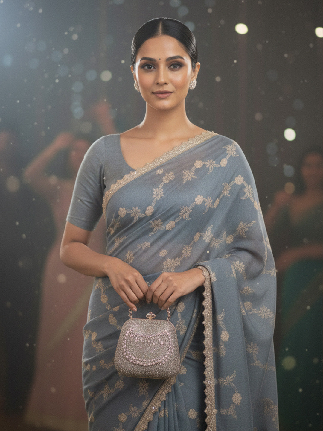 Urban Pallu Floral Sequinned Silk Blend Fusion Saree