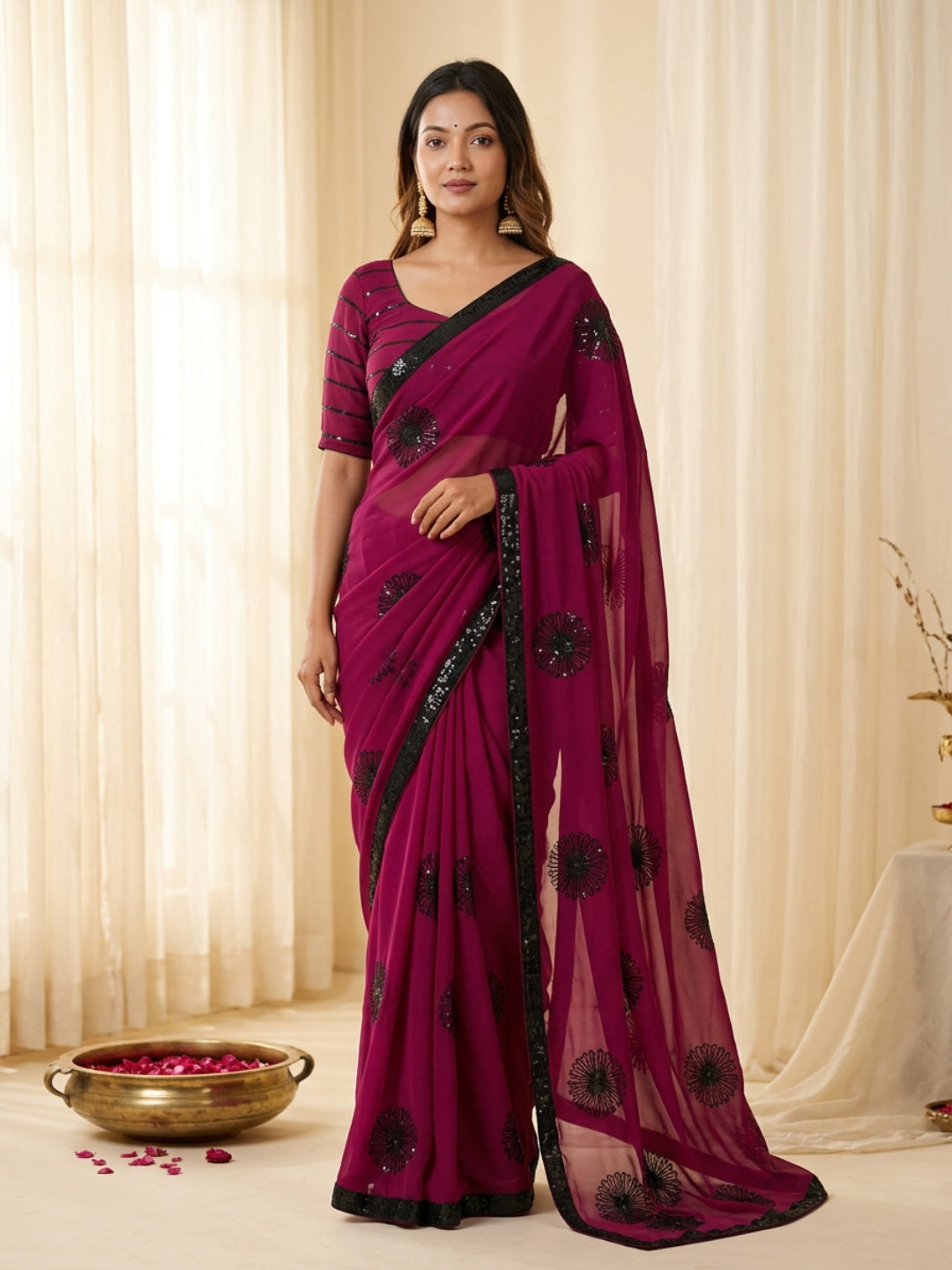 Urban Pallu Embroidered Poly Georgette Festive Saree