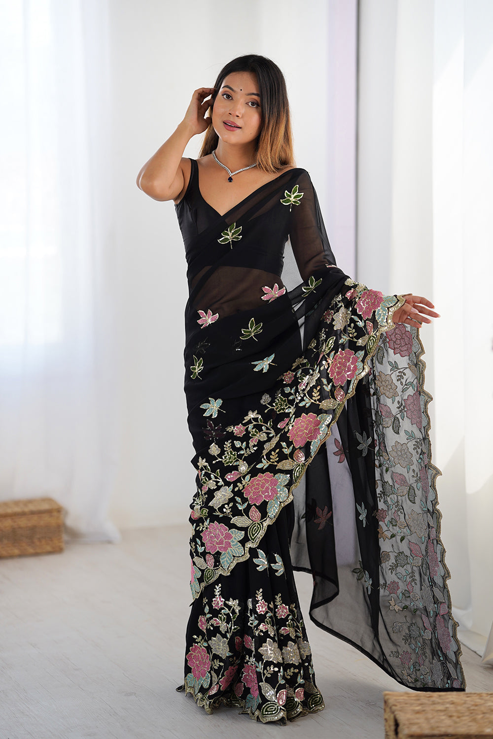 Urban Pallu Solid Poly Georgette Festive Saree
