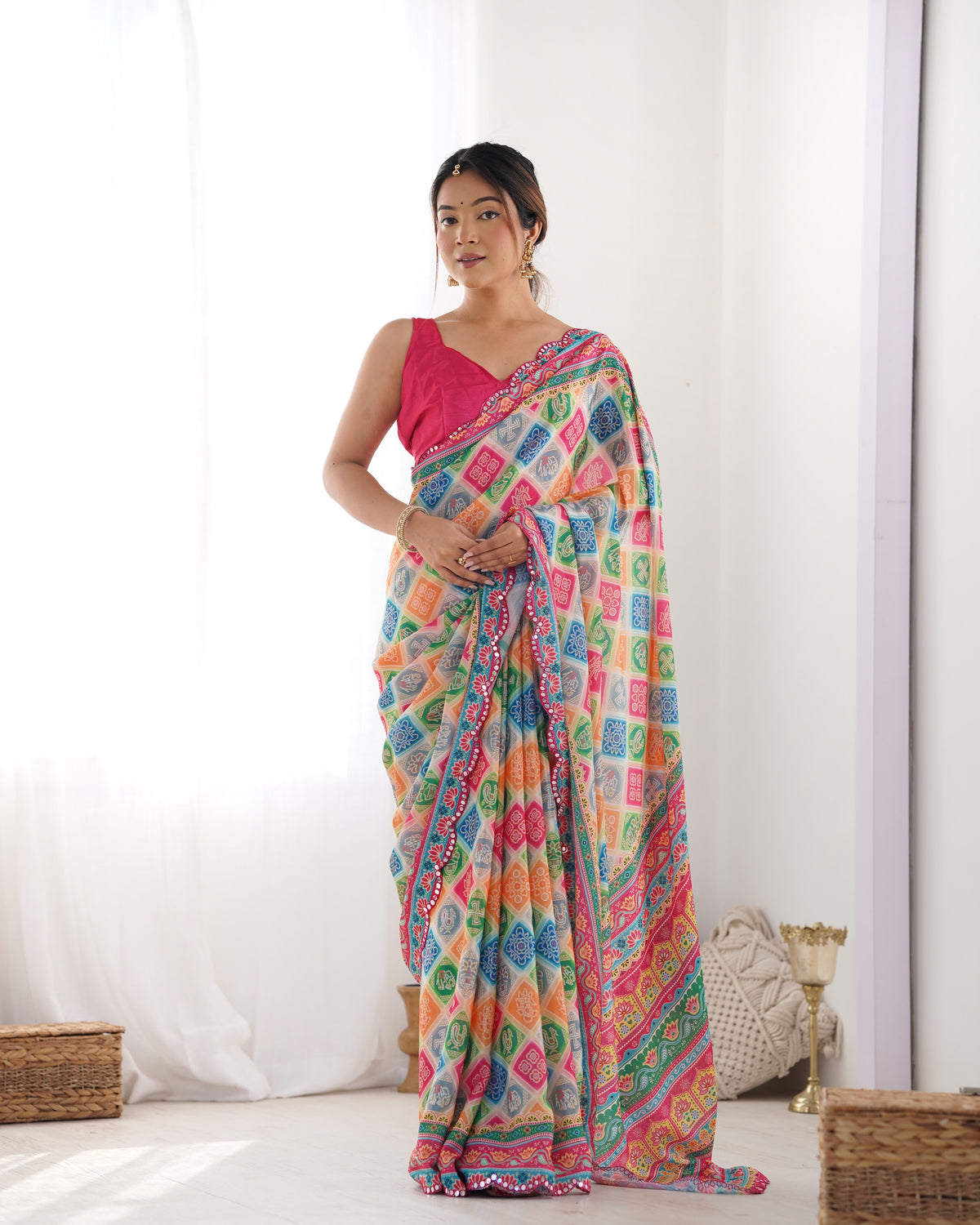 Urban Pallu Ethnic Motifs Mirror Work Silk Blend Saree