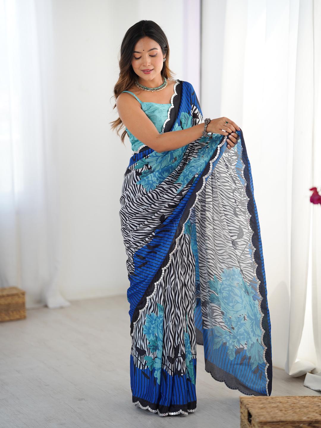 Urban Pallu Striped Mirror Work Silk Blend Fusion Saree