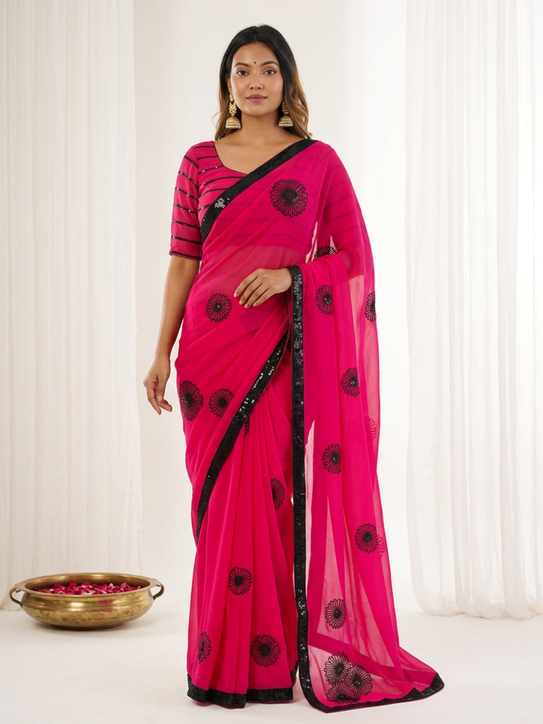 Urban Pallu Embroidered Poly Georgette Festive Saree