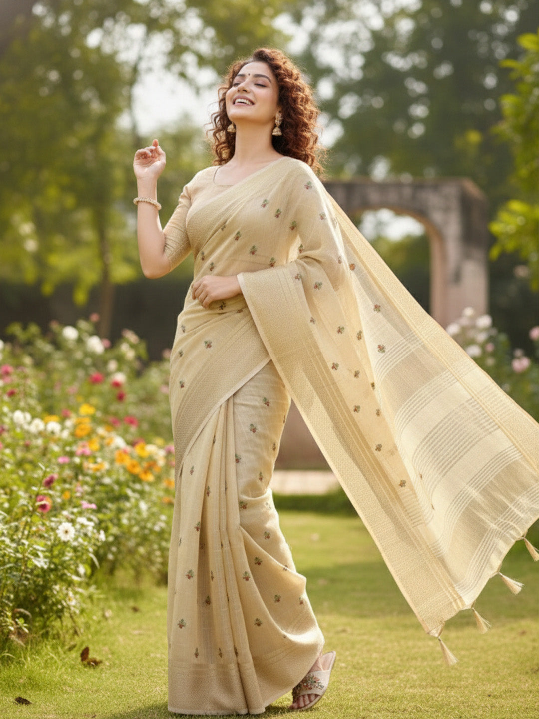 Urban Pallu Floral Sequinned Silk Blend Fusion Saree