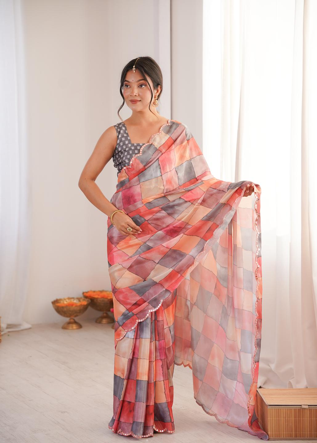 Urban Pallu Mirror Work Silk Blend Fusion Saree