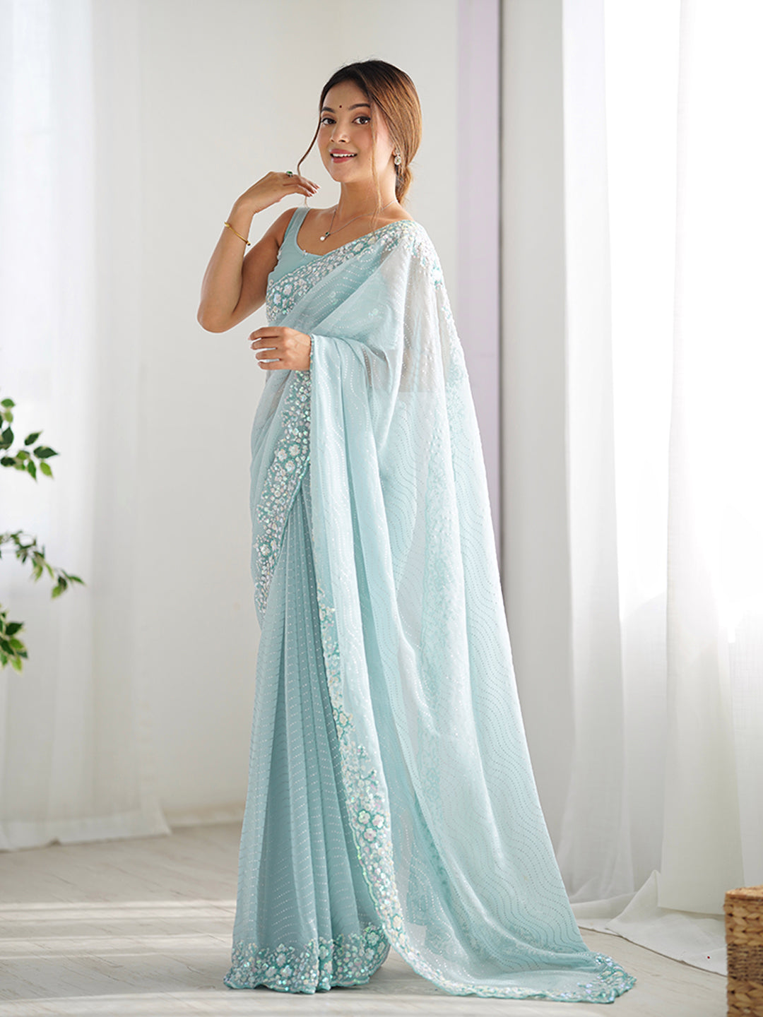 Urban Pallu Embroidered Poly Georgette Festive Saree