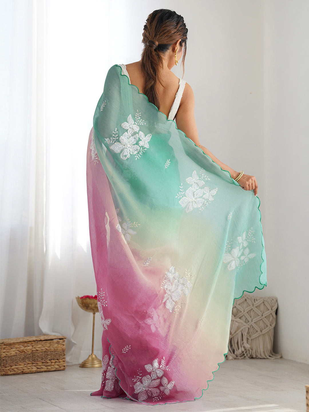 Urban Pallu Floral Embroidered Poly Chiffon Saree